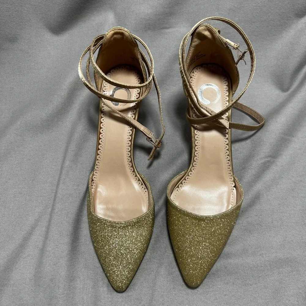 Journee Collection Leila Glitter Pumps D'Orsay Ankle Strap Heels Pointed Toe 6.5